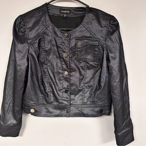 Bebe Black Women's  Crop / Moto  Shiny Metallic Black Jacket, Lined Like New! 10